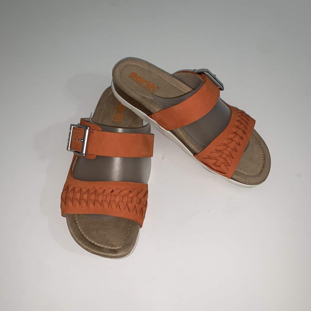 Earth Sandals Womens Size 8 Orange Leather Slide Woven Buckle Comfort Shoes